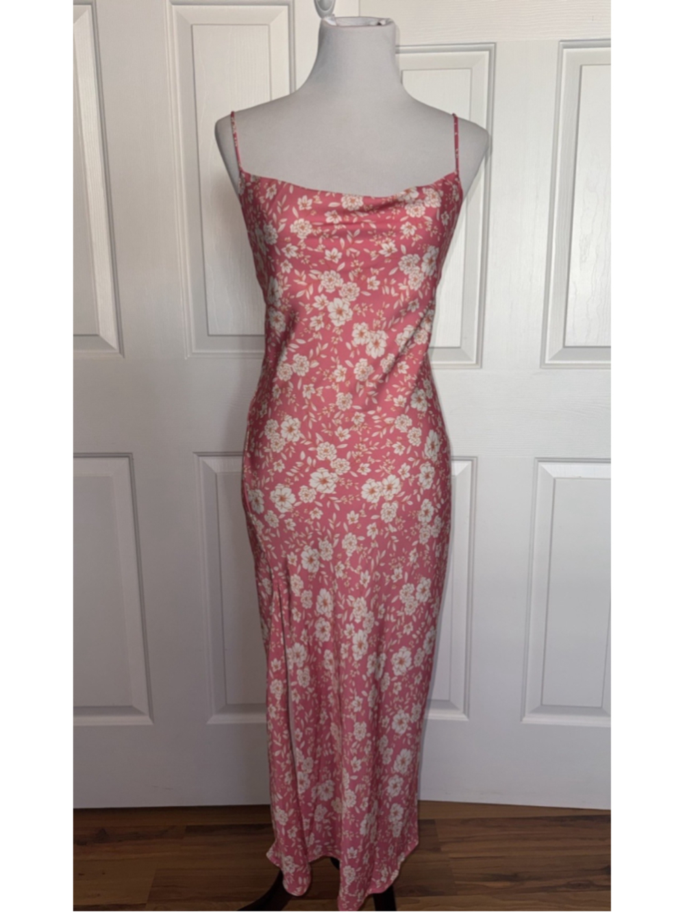 NWT RESA Pink Floral Satin Slip Midi Dress Open Back Cowl Neck Side Slit Small